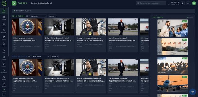 TVU Cortex newsroom command centre interface showing live feeds and top stories