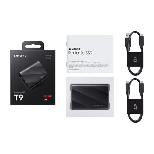 Samsung MU-PG2T0BW T9 Portable SSD 2 TB, Transfer speed up to 2000 MB/s, 
Write Speed up to 1950MB/s, USB 3.2 (Gen2x2, 20Gbps), AES 256-bit hardware encryption, 
Windows®, macOS®, Android™ Compatible  Colour: Black