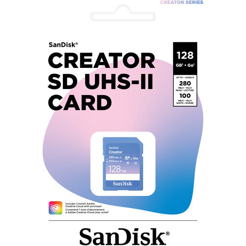 SanDisk Creator SD UHS-II Card 128GB, read speeds 280MB/s, write speeds 100MB/s, 4K UHD/6K, V60