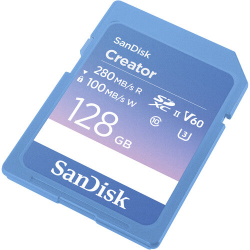 SanDisk Creator SD UHS-II Card 128GB, read speeds 280MB/s, write speeds 100MB/s, 4K UHD/6K, V60